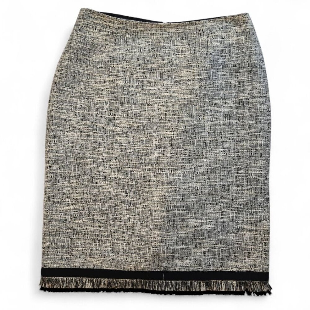 Calvin Klein Womens Size 8 Black & White Tweed Fringe Hem Knee Length Skirt